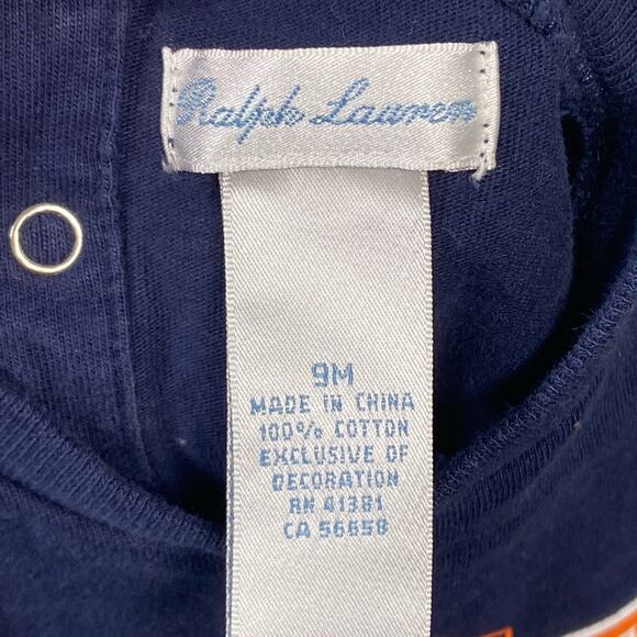 Ralph Lauren Baby Boys Size 9M 100 % Cotton Navy Orange Logo Short Sleeve Romper - Picture 2 of 3